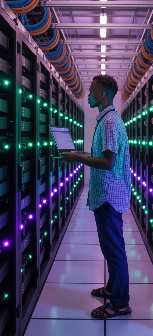 Data center infrastructure with server racks and LED lighting